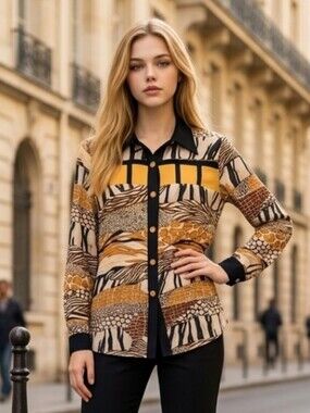 Brenda Goode Animal Print Long Sleeve Button Down Blouse Size Large